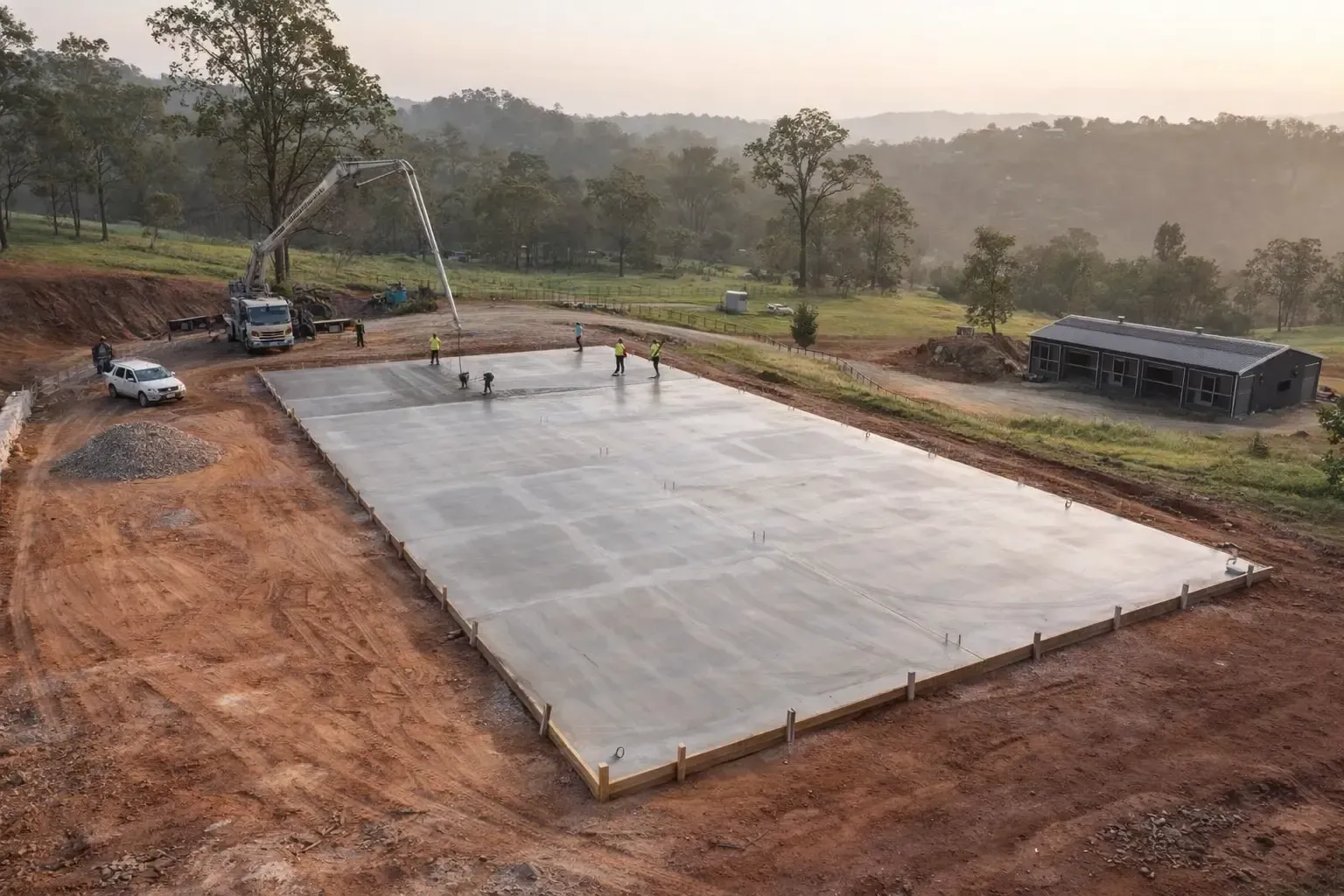 A concrete pump truck pours fresh concrete onto a large rural construction site near Hodgson Vale, Toowoomba