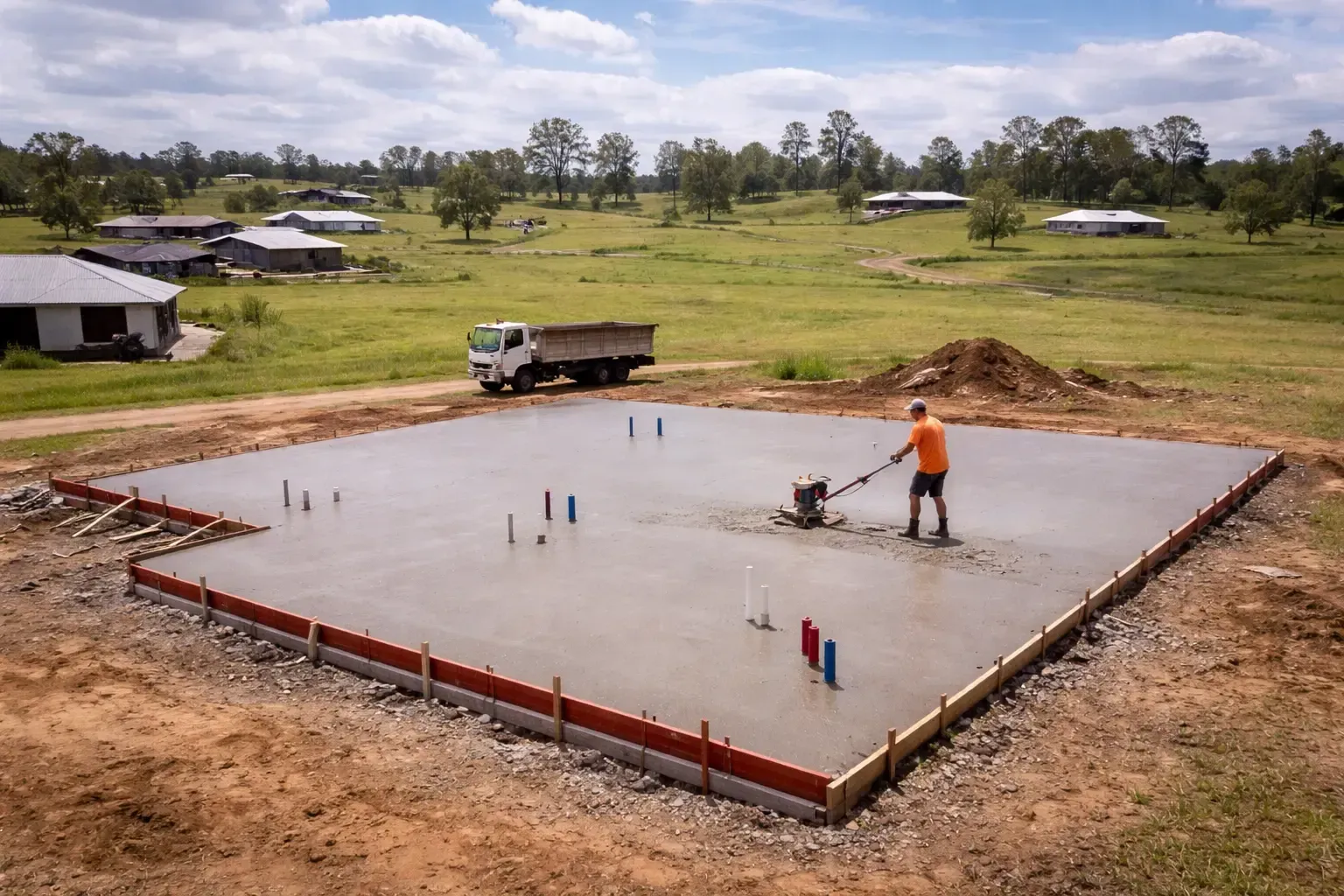 A worker uses a power trowel to smooth a freshly poured concrete slab foundation in Oakey, QLD