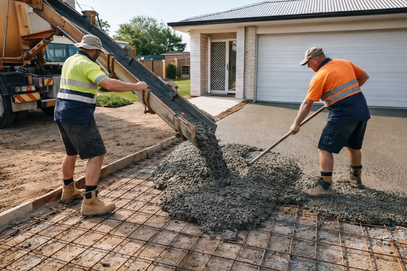 New concrete driveway pour leading to a garage for a house in Toowoomba.