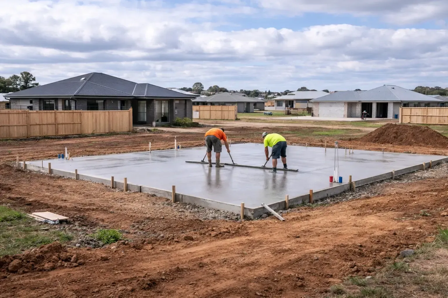 Two concreters screeding wet concrete on a residential foundation in Rangeville, Toowoomba