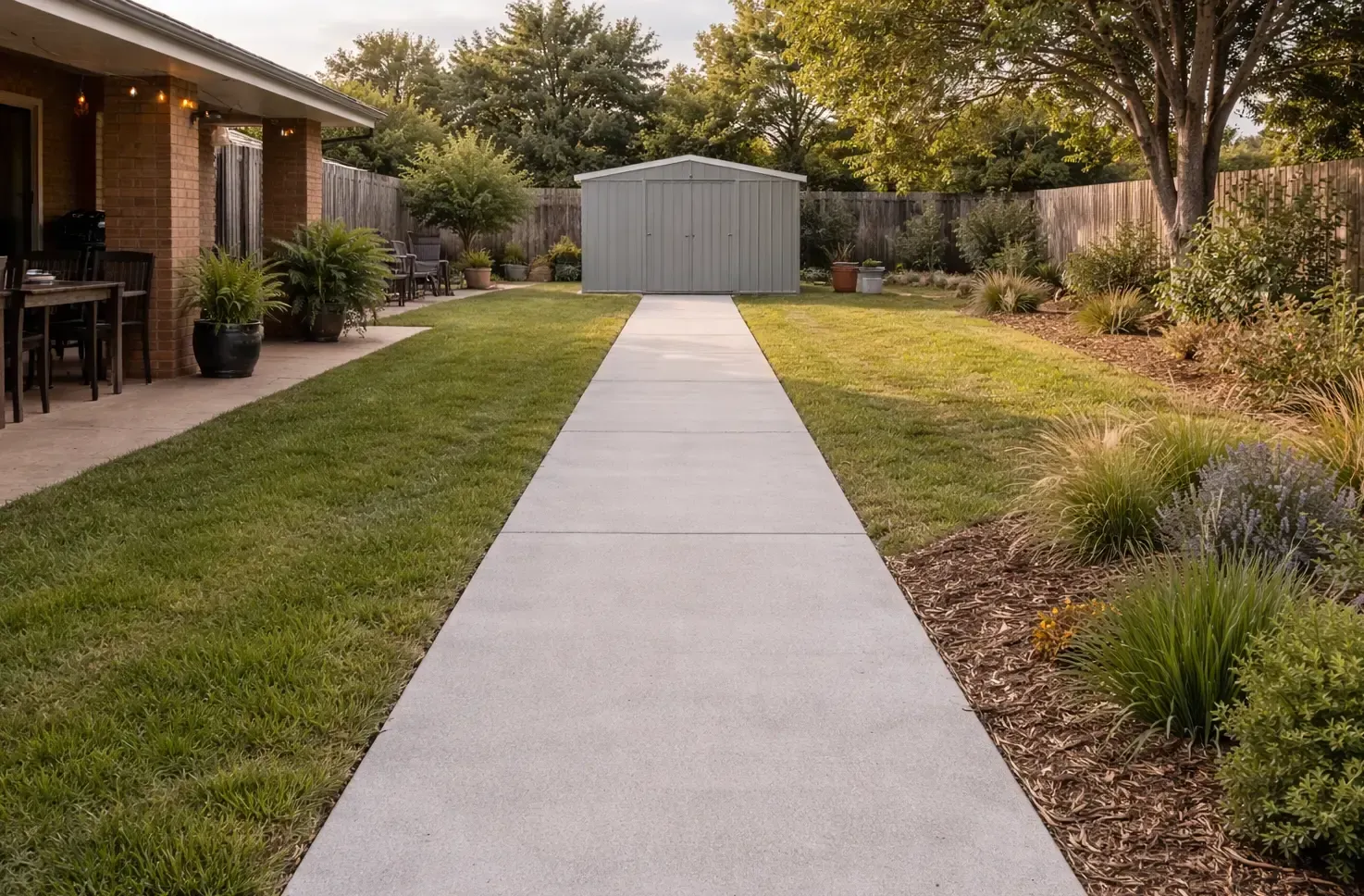 A plain concrete path leads through a grassy yard toward a garden shed, in Middle Ridge, Toowoomba