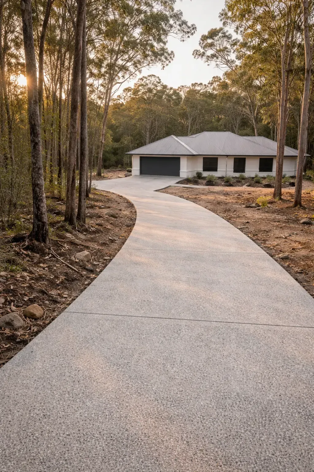 A concrete driveway leads toward a modern single-story house near Pittsworth, Toowoomba