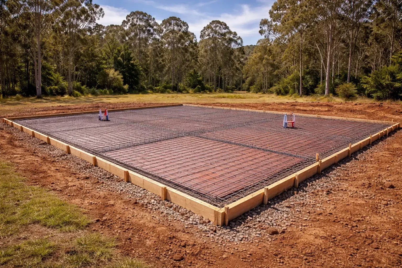 A concrete slab foundation with rebar reinforcement, with framing and gravel base in Grantham, near Toowoomba