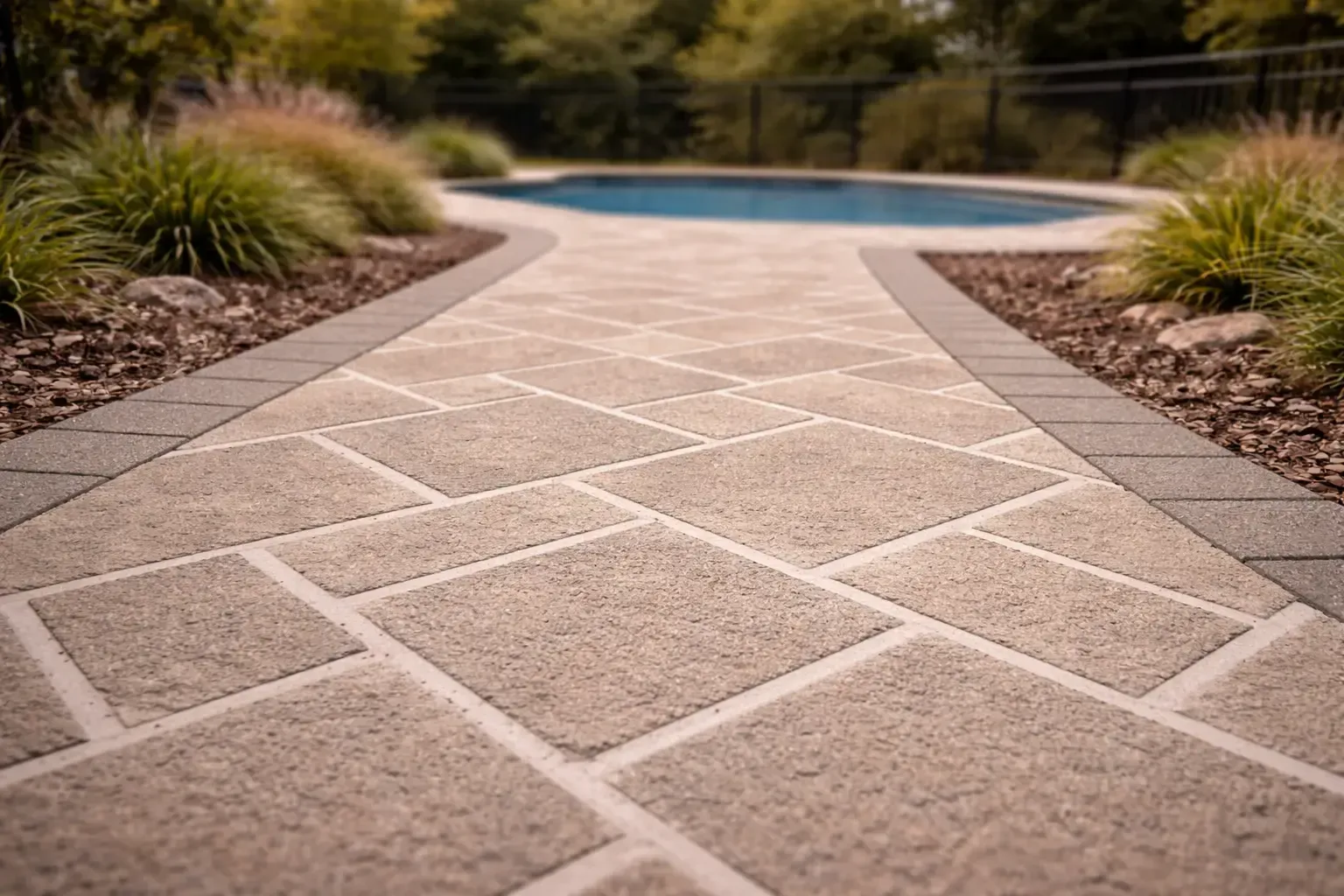 A stencilled concrete path with a dark border leads toward a swimming pool in a landscaped backyard in Wyreema, Toowoomba