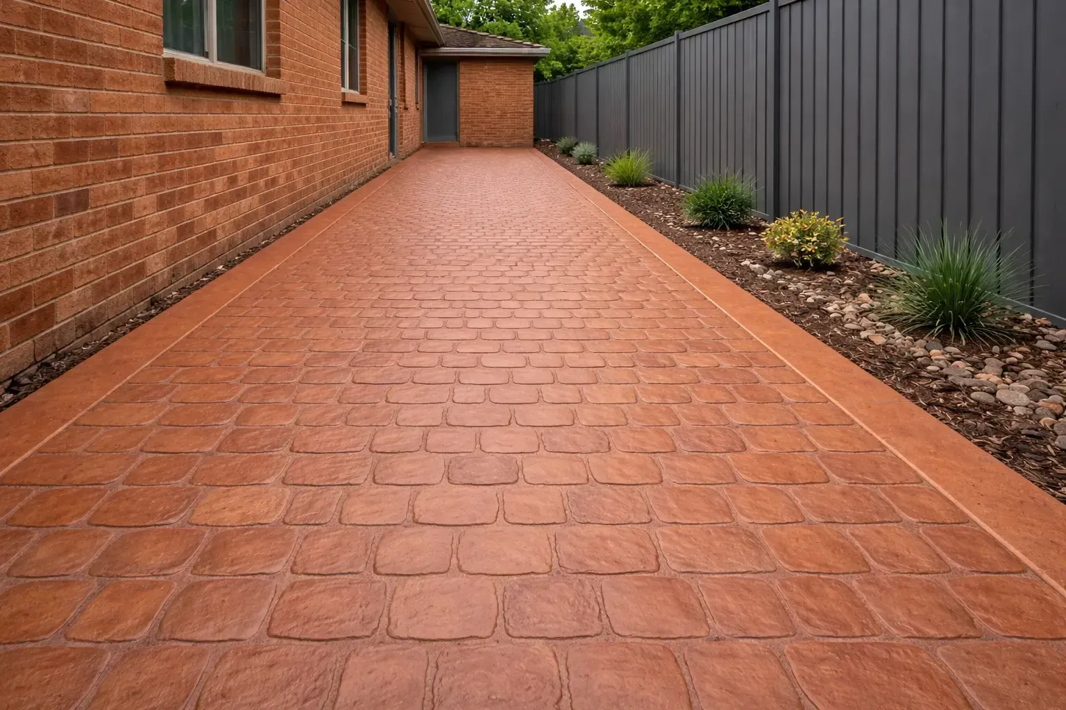 A stamped concrete walkway with a red brick pattern alongside a brick house in Newtown,  Toowoomba