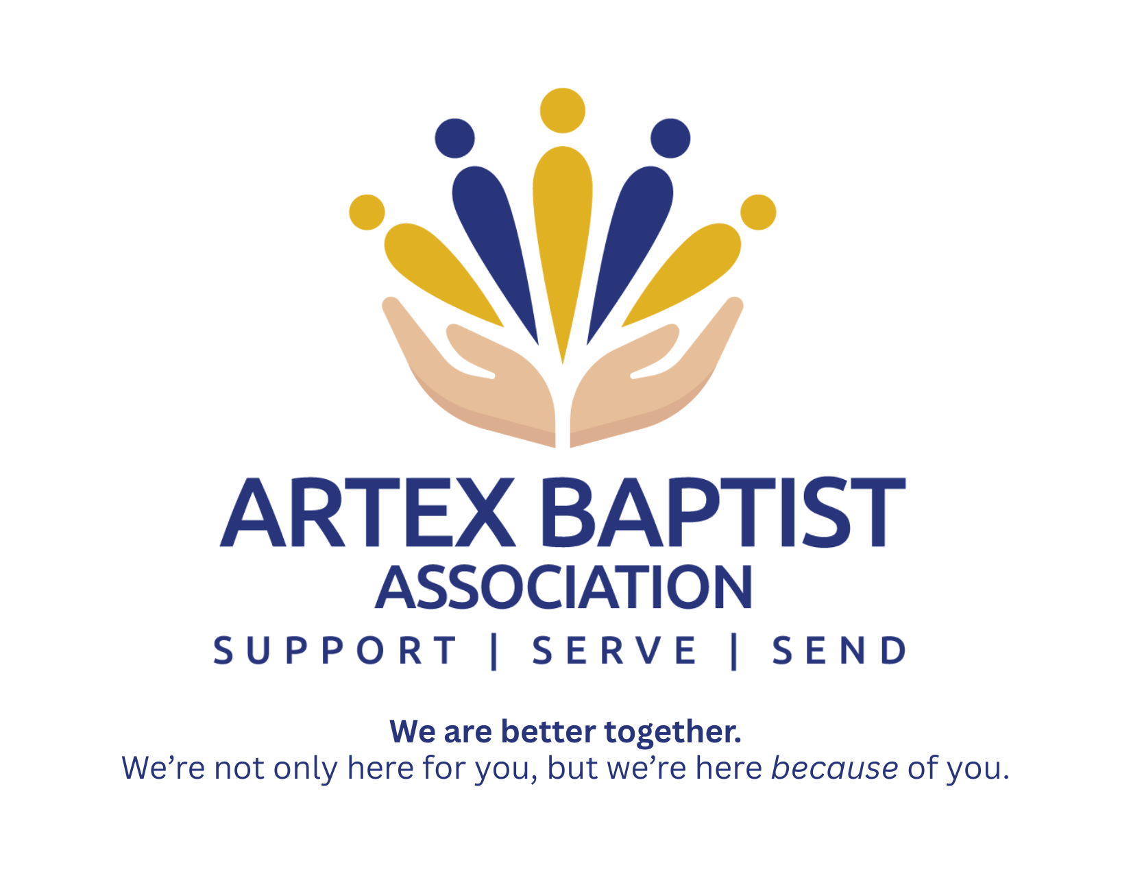 Logo for Artex Baptist Association: blue and yellow symbol above text, with supportive phrases.
