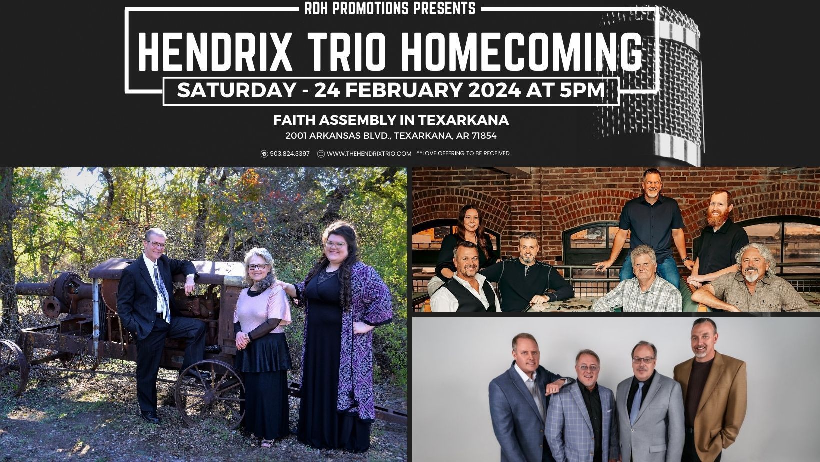a group of people standing next to each other on a poster for hendrix trio homecoming .