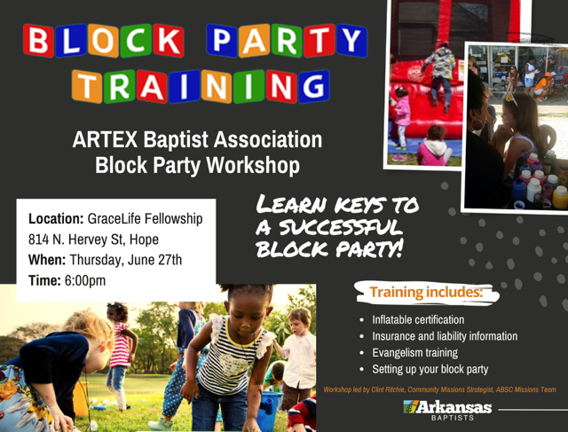 An advertisement for artex baptist association block party workshop