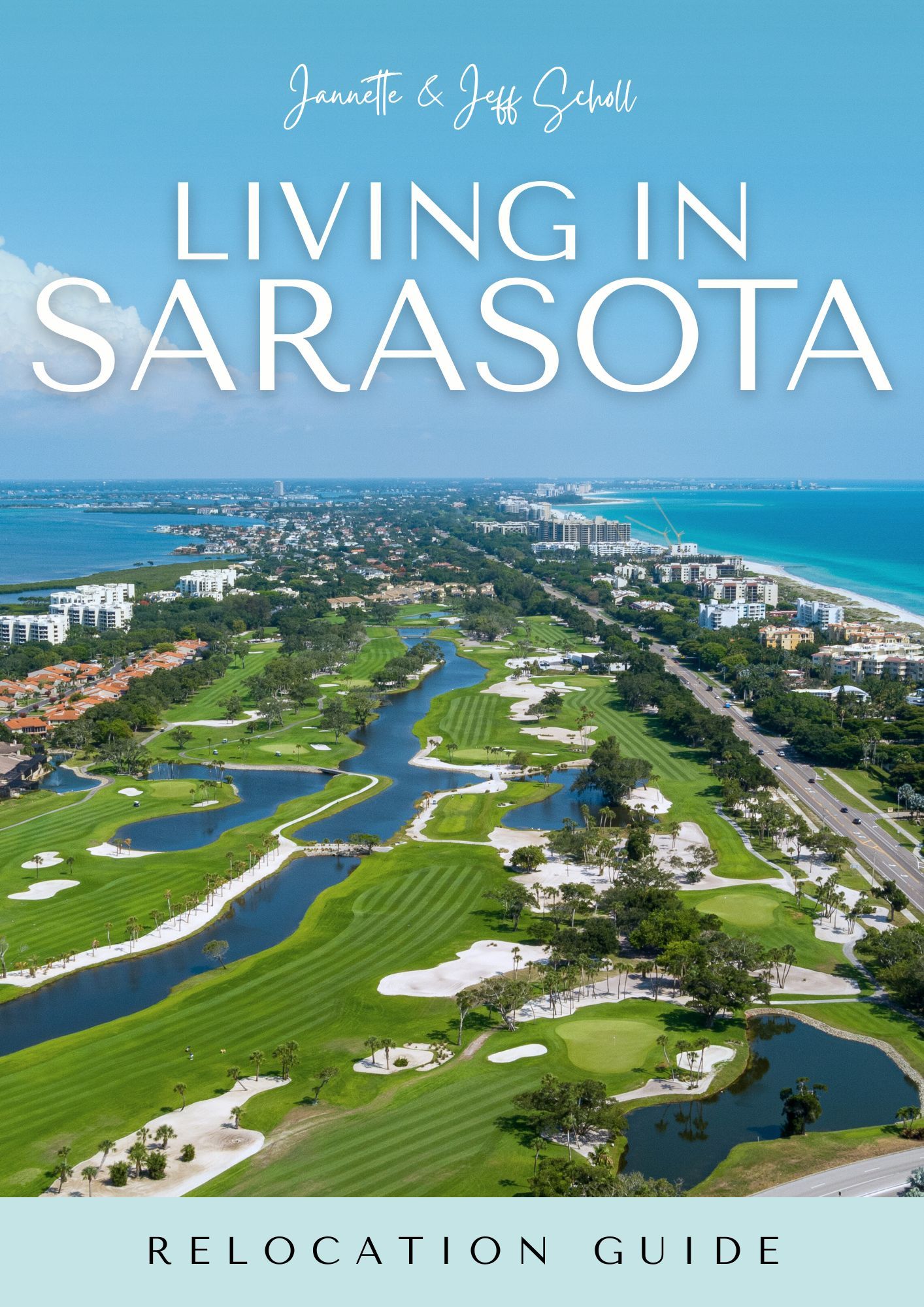 Cover of a relocation guide titled "Living in Sarasota."  
