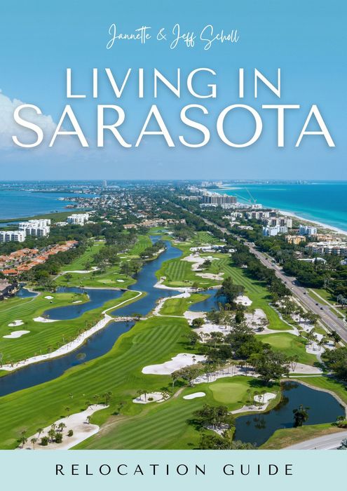 Cover of a relocation guide titled "Living in Sarasota."  