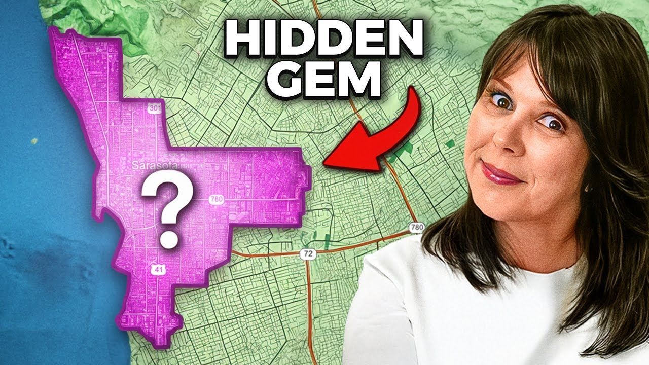 Woman pointing to a pink highlighted map, labeled 