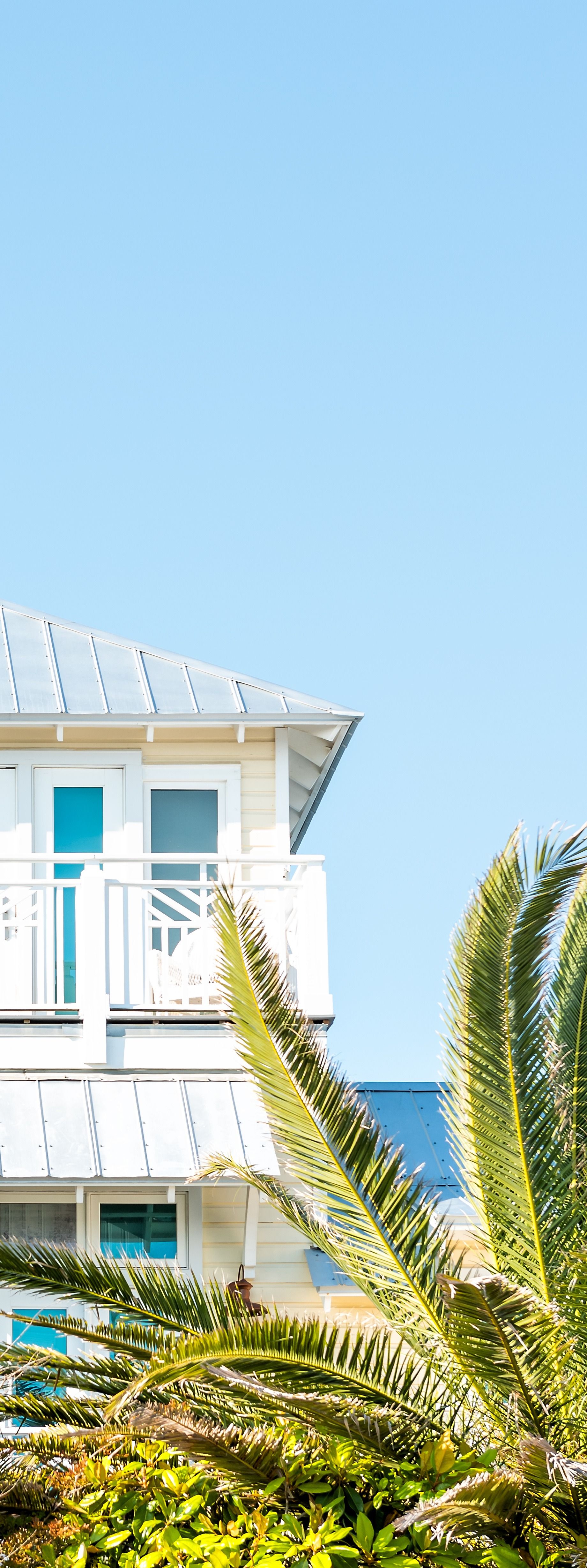 White beach house with a light blue sky in the background, tall green plant in the foreground.