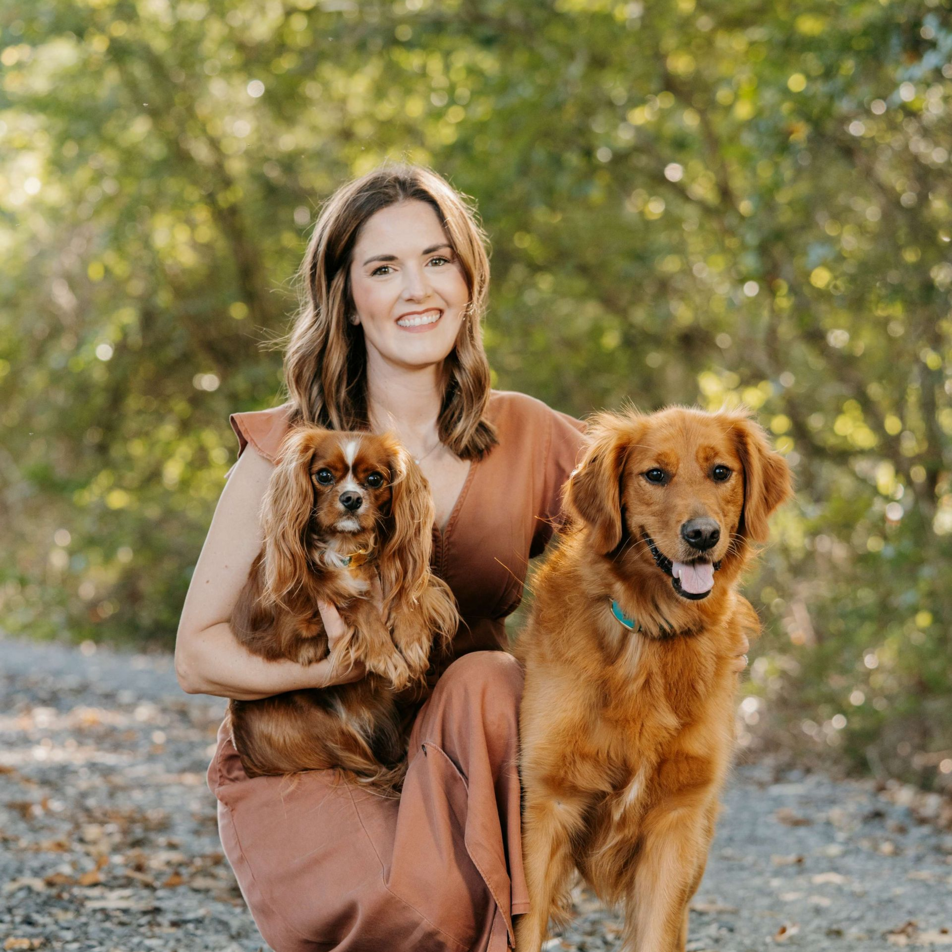 Woman with two dogs outdoors; Cavalier King Charles Spaniel, Golden Retriever.