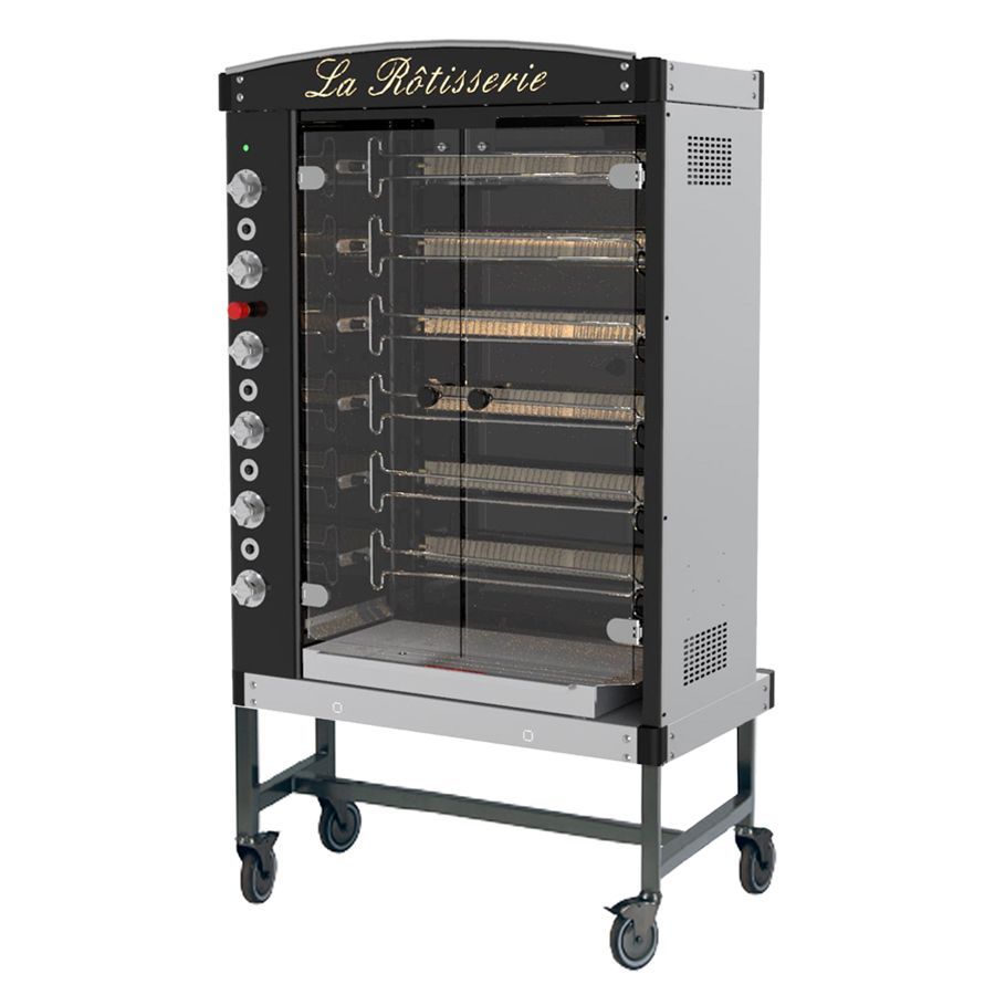 A stainless steel commercial rotisserie oven with wheels on a stand.