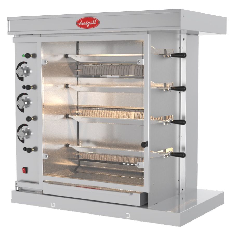 A stainless steel chicken rotisserie oven with arabic writing on it