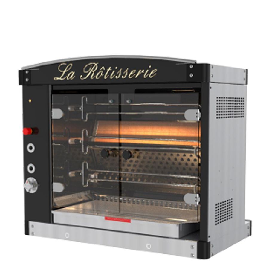 A la rotisserie oven is sitting on a white surface