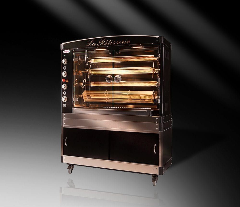 A stainless steel commercial rotisserie oven with the word la rotisserie on it