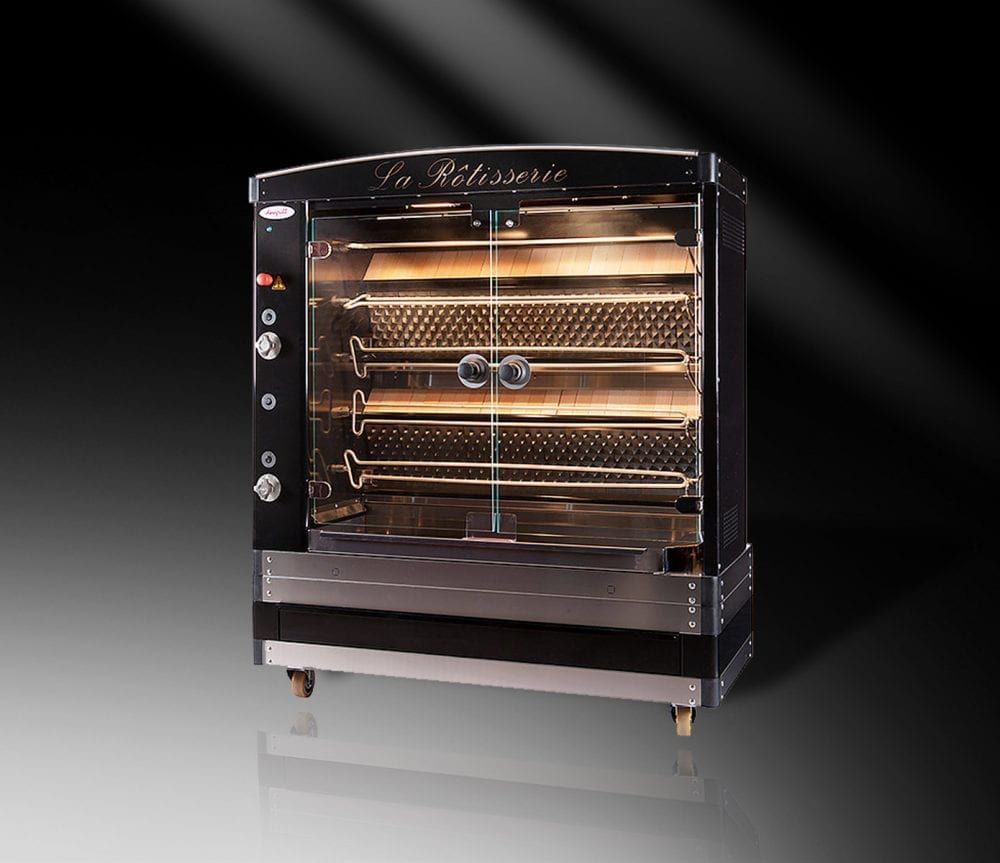 A commercial-grade stainless steel gas rotisserie oven with a glass door, designed for professional kitchens.