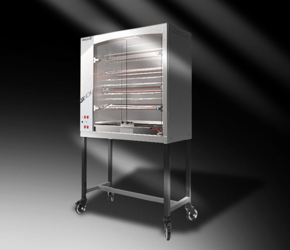 A stainless steel oven on wheels with a black background