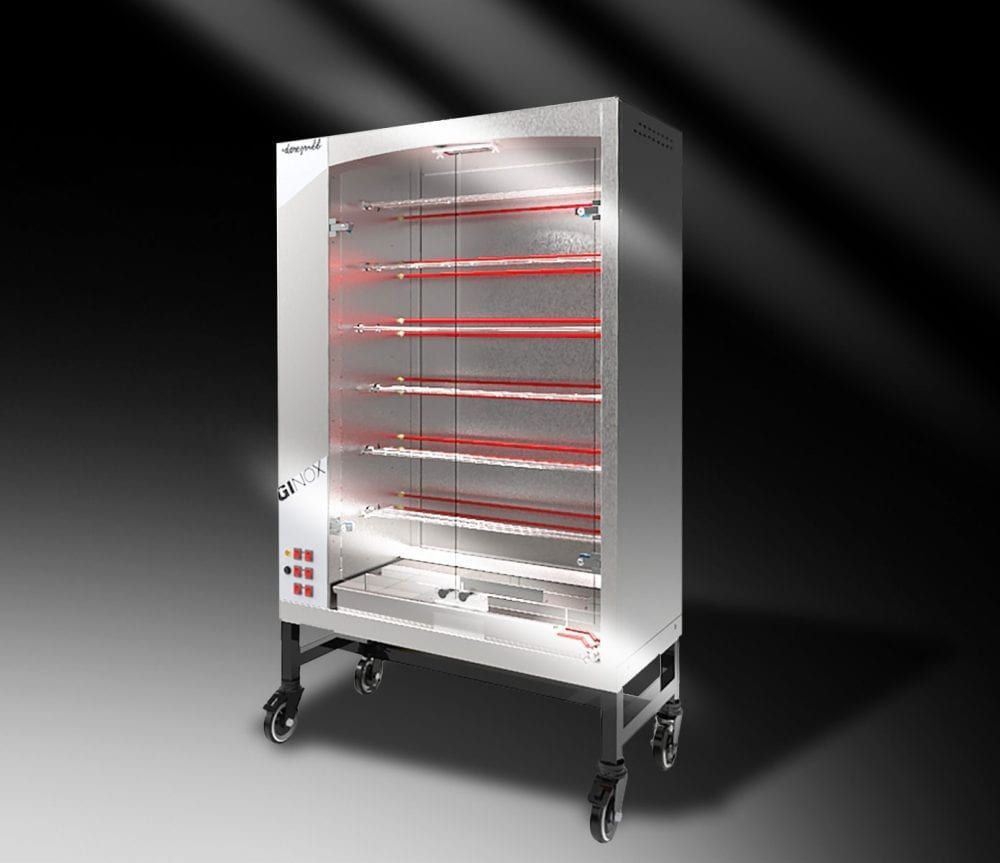 A stainless steel cabinet with wheels and red lights on it