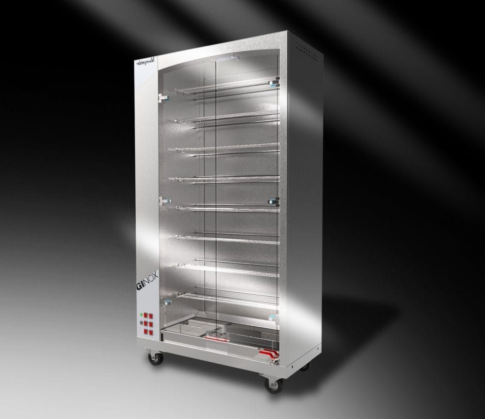 A stainless steel refrigerator with a glass door and wheels