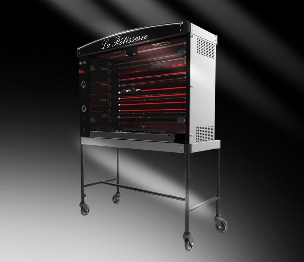 A stainless steel oven on wheels with a black background