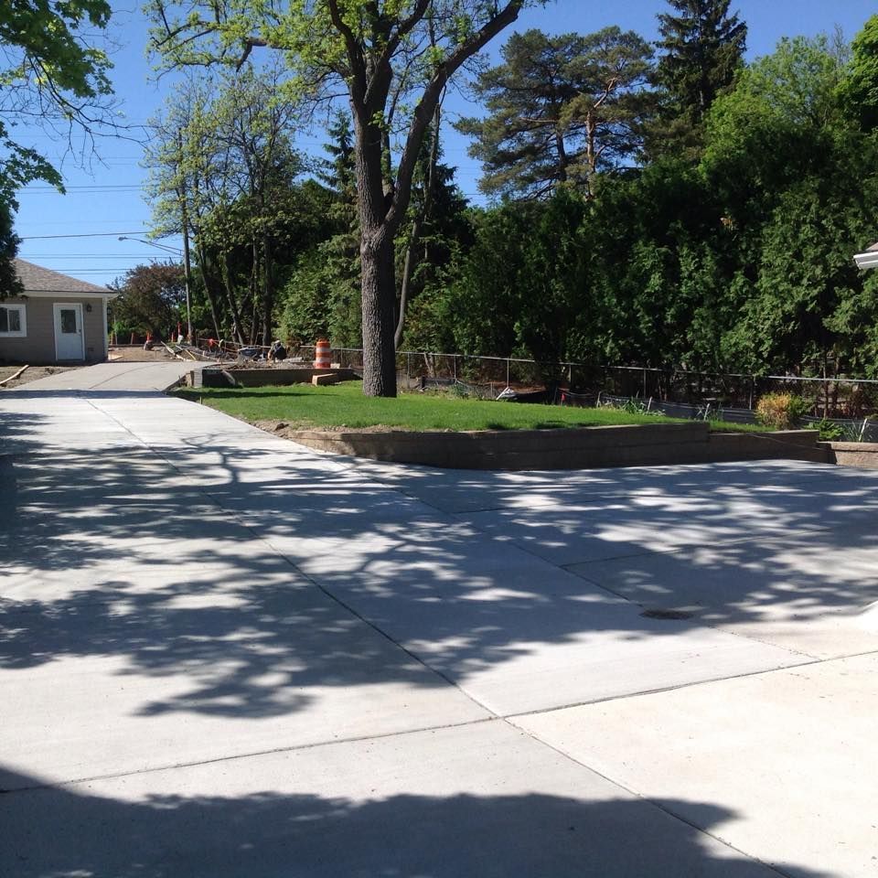 Concrete driveway with grass median and trees; sunny day.