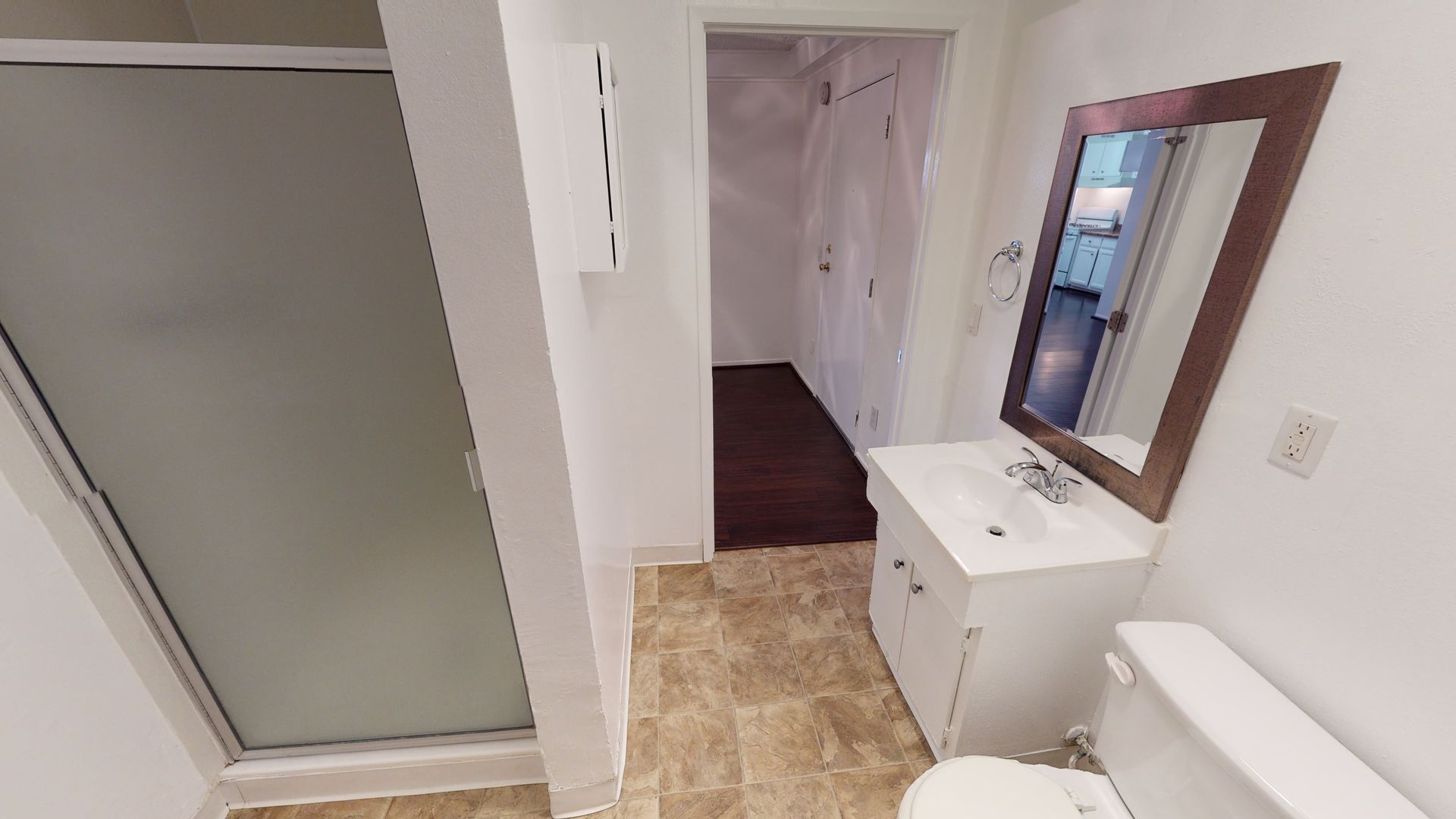 Bathroom with a shower, vanity, toilet, and an open doorway leading to a closet.