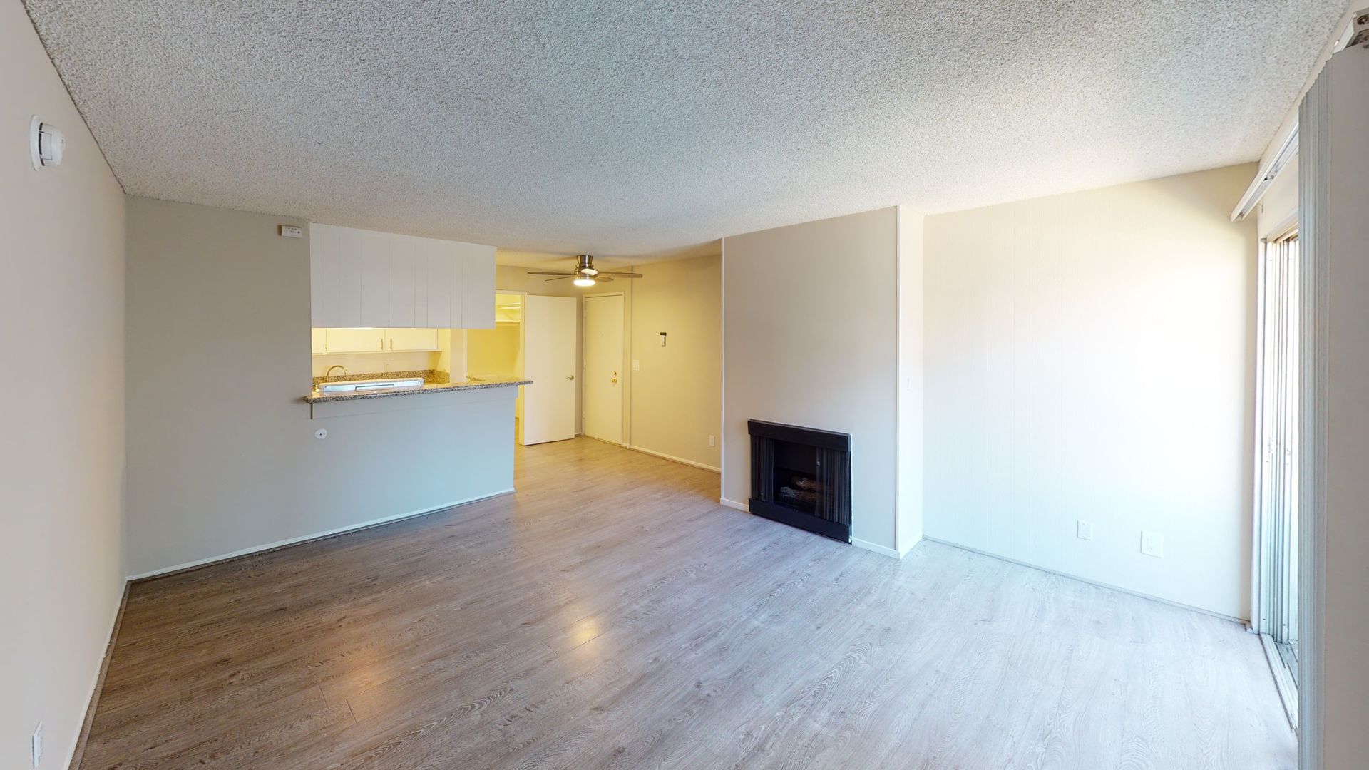 Spacious living room with fireplace, kitchen, and light wood floors.