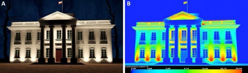 Zwei Ansichten eines Modells des Weißen Hauses. Links: Von Scheinwerfern beleuchtet. Rechts: Wärmekarte, die die Wärmeverteilung zeigt.