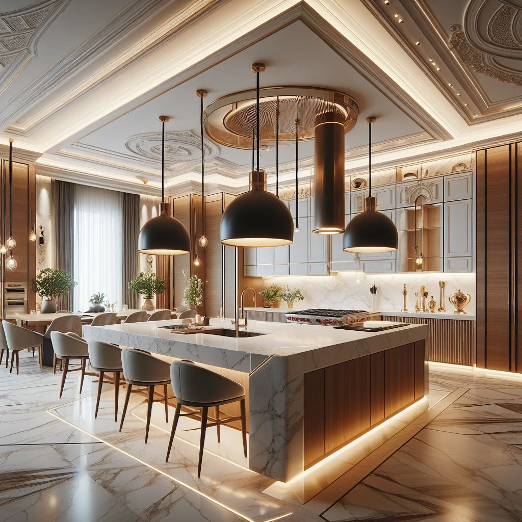 Luxuriöse Küche mit Marmorinsel, dunklen Pendelleuchten und goldenen Akzenten.