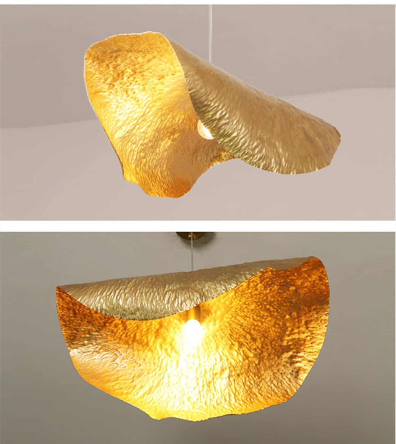Zwei Ansichten einer modernen Hängeleuchte aus Blattgold, die von der Decke hängt.