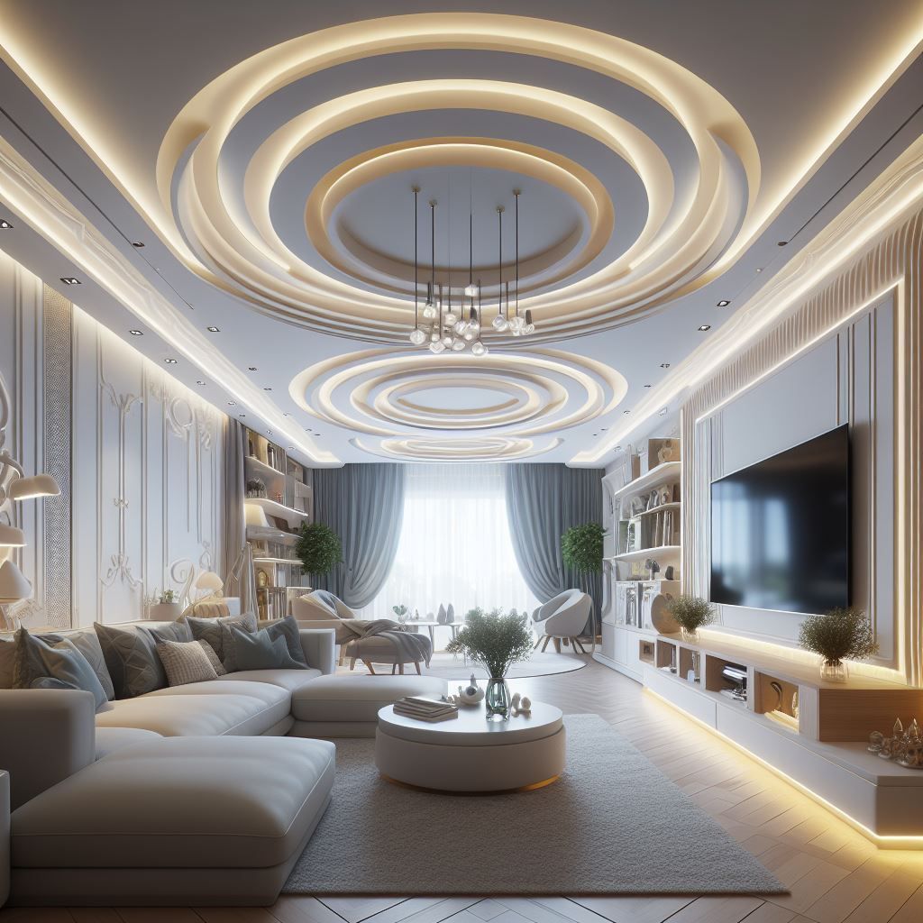 Luxuriöses Wohnzimmer mit einem Sofagarnitur, Einbauschränken und dekorativer Deckenbeleuchtung.