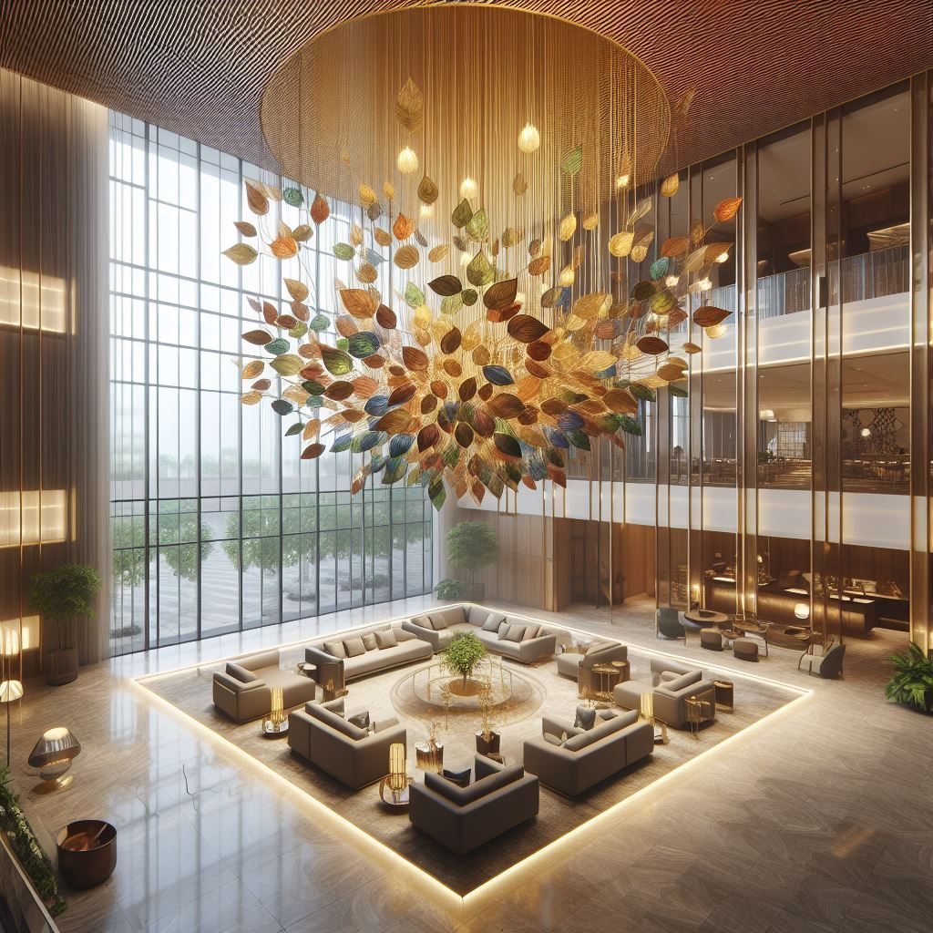 Grandiose Hotellobby mit blattförmigem Kronleuchter, Sitzbereichen und raumhohen Fenstern.