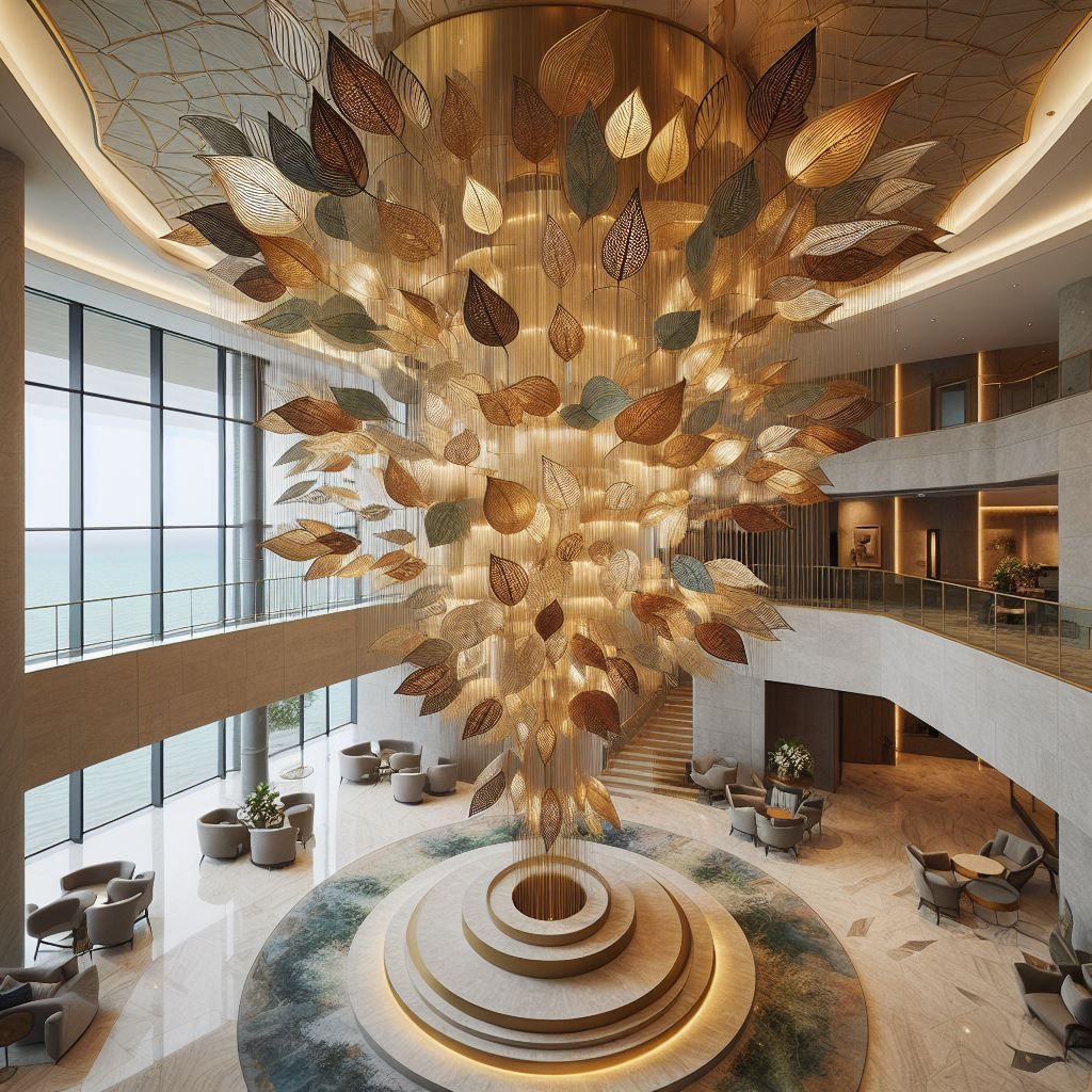 Grandiose Hotellobby mit riesigem Blätterkronleuchter über einem runden Teppich. Zweistöckig mit Meerblick.