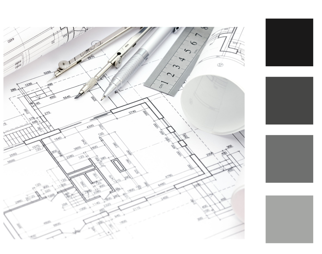 Architekturpläne mit Zeichenwerkzeugen und einer Farbpalette mit Grautönen.