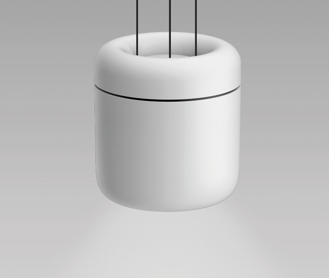 Weiße zylindrische Pendelleuchte, aufgehängt an drei schwarzen Kabeln.