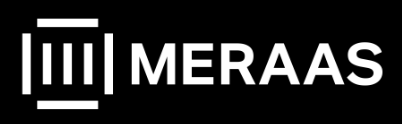 Weißes Logo mit geometrischem Design und dem Wort MERAAS auf schwarzem Hintergrund.