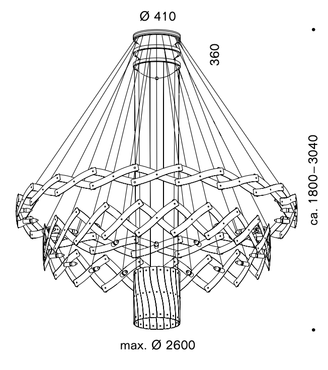 Schema eines modernen Kronleuchters mit scherenartig ausziehbarem Rahmen, einstellbarer Höhe und Durchmesser.