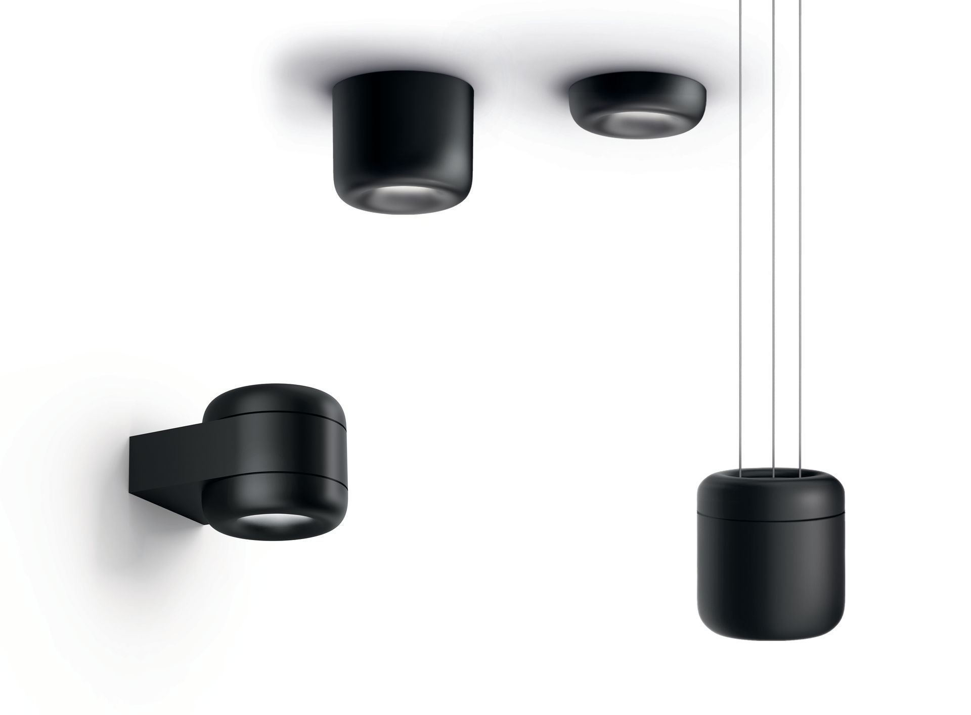 Moderne schwarze LED-Leuchten: zur Wandmontage, zur Deckenmontage und zum Aufhängen an einem Kabel.