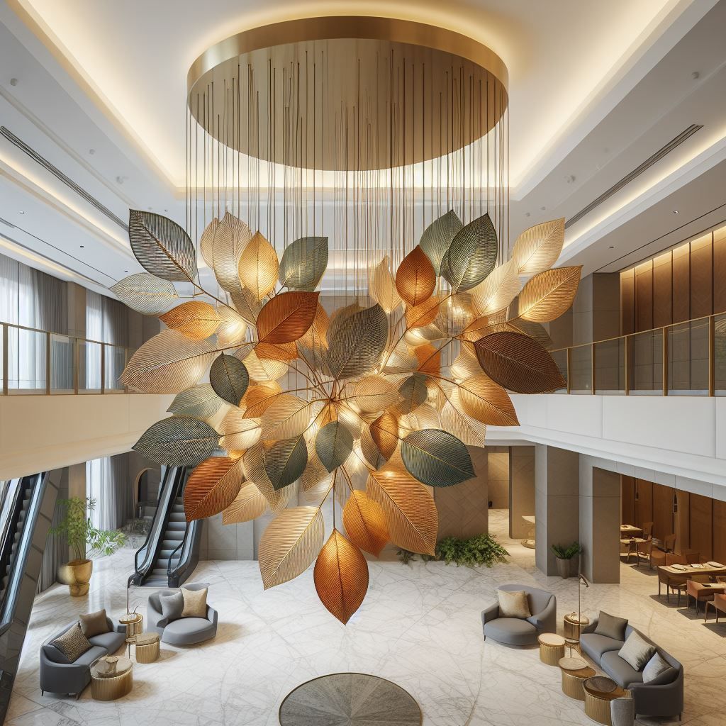 Großer, blattförmiger Kronleuchter in einer Hotellobby mit Sitzbereichen, Treppen und Aufzügen.