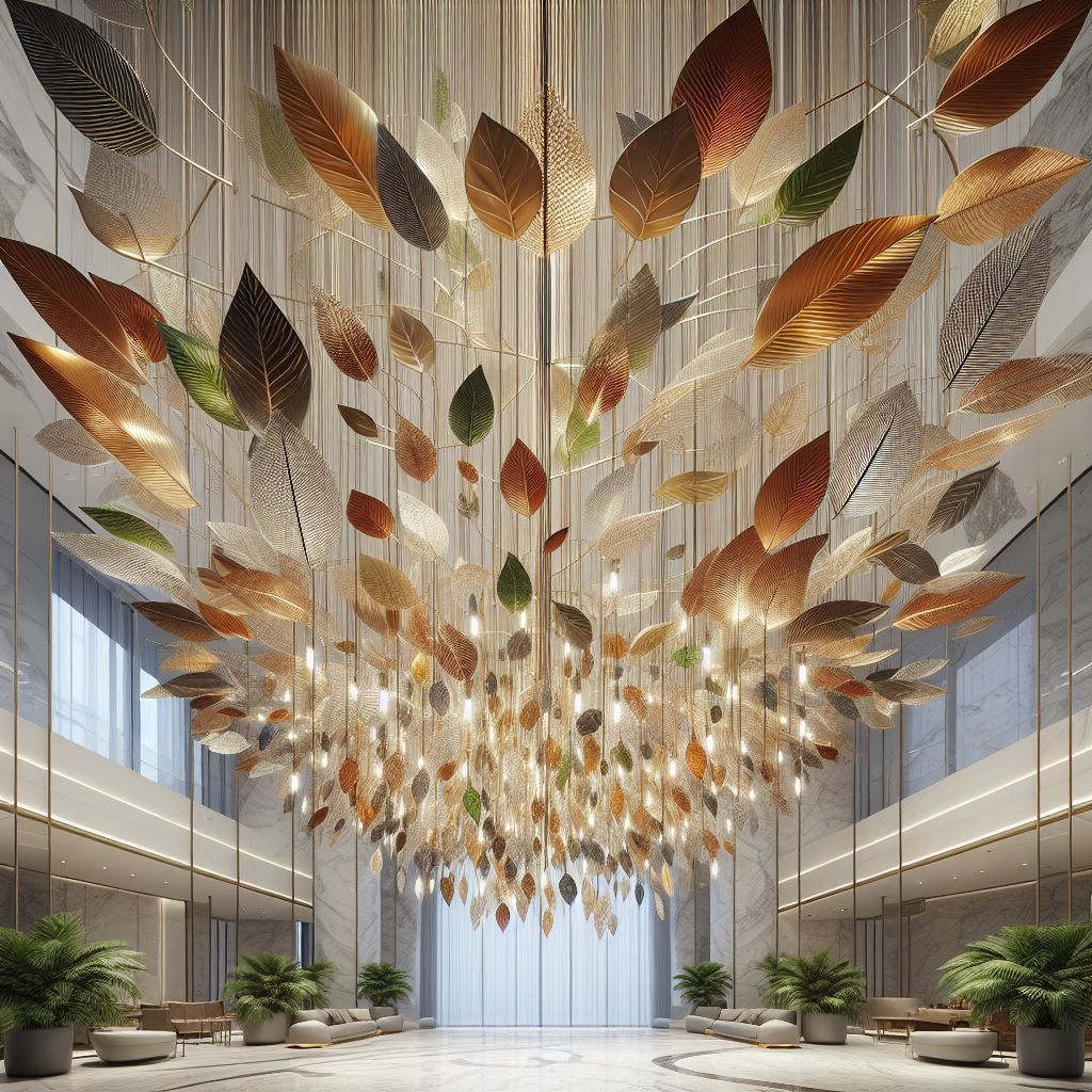 Eine Lobby mit einem blattförmigen Kronleuchter. Über Sitzgelegenheiten und Pflanzen hängen Blätter in Gold-, Grün- und Brauntönen.