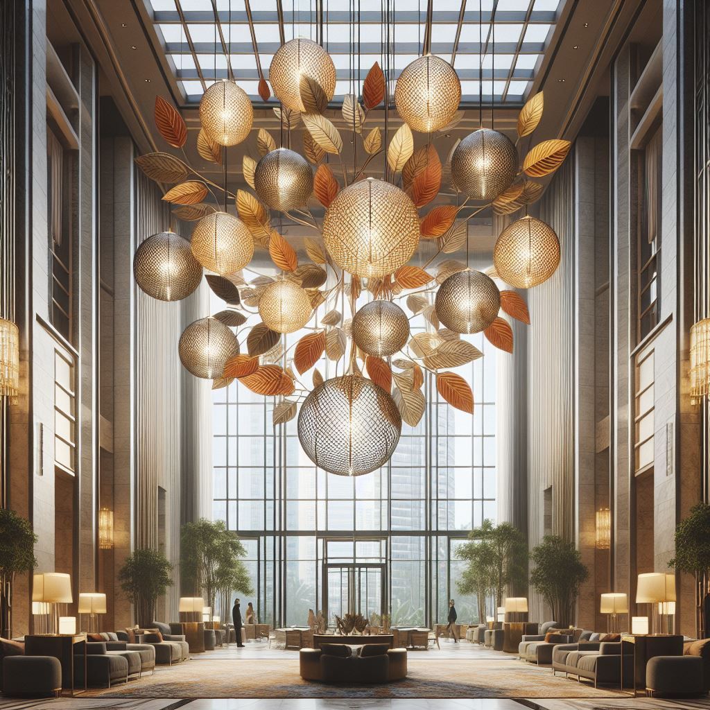 Grandiose Hotellobby mit großem, dekorativem Kronleuchter, großen Fenstern und Sitzgelegenheiten.