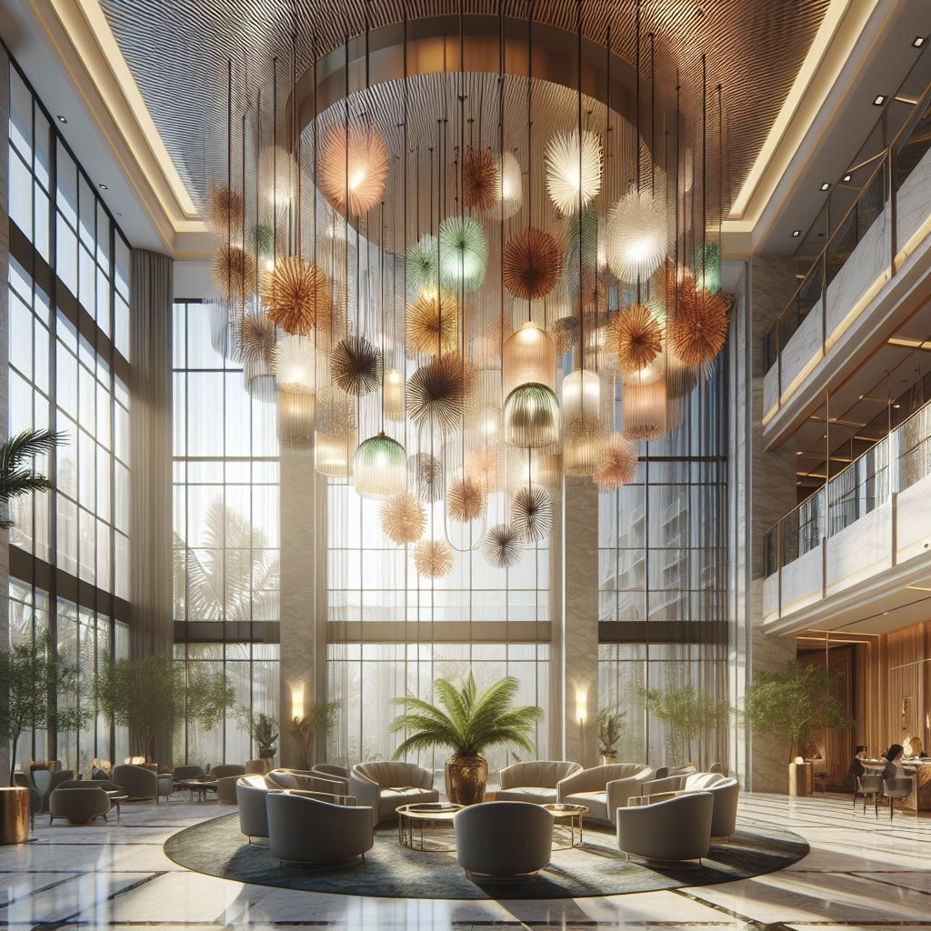 Elegante Hotellobby mit großen Fenstern, Hängelampe und Sitzbereich.