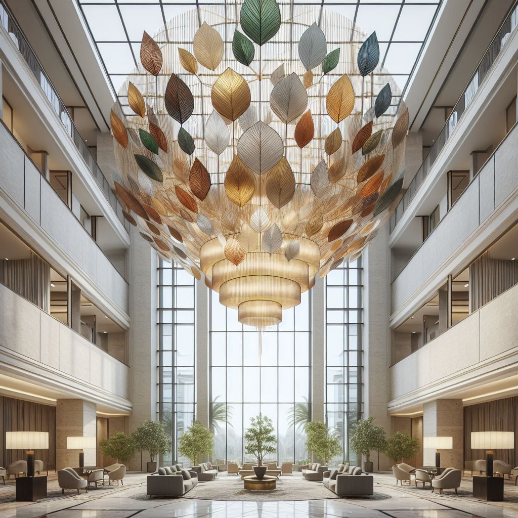 Große Hotellobby mit einem massiven blattförmigen Kronleuchter über den Sitzbereichen und hohen Fenstern.