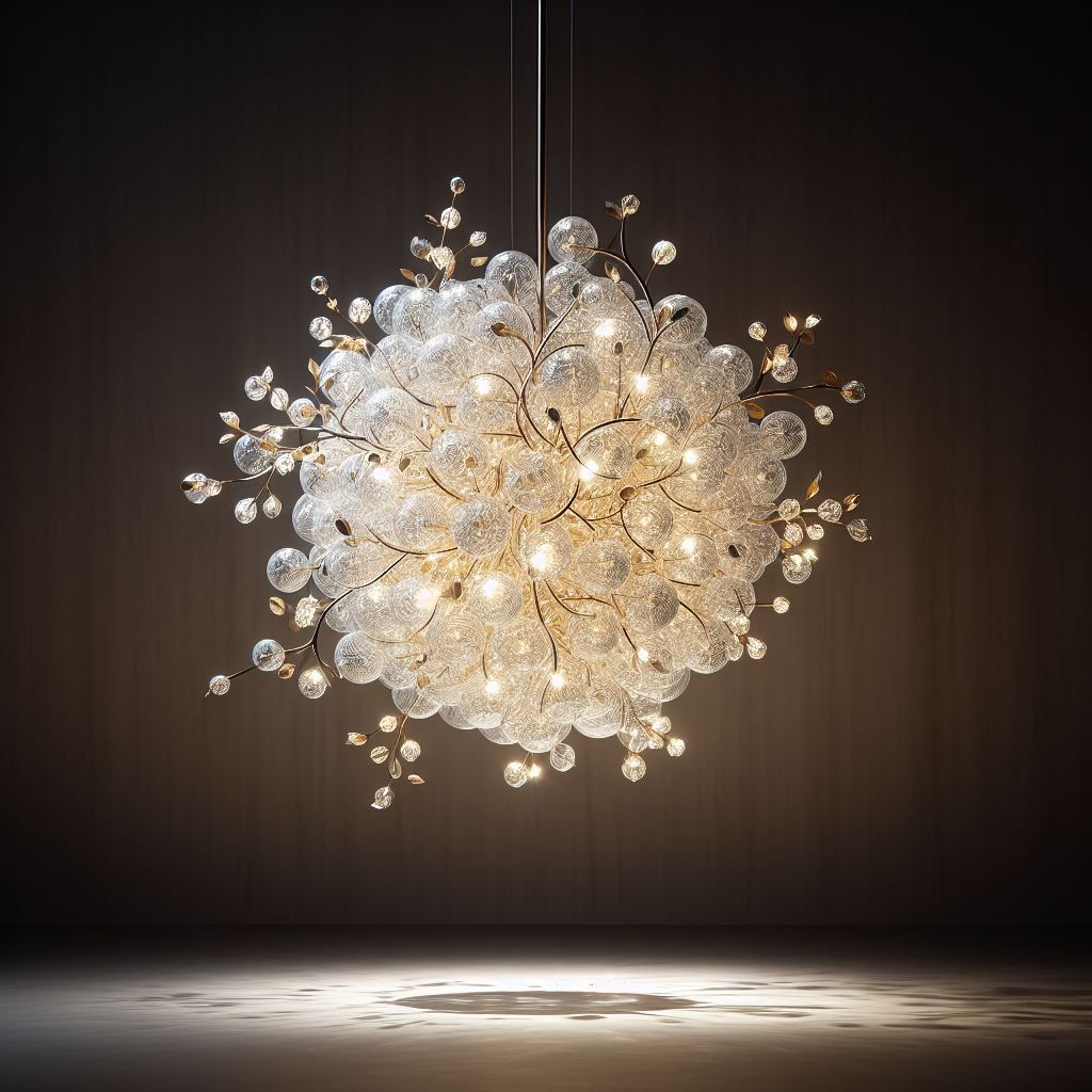 Ein großer, kunstvoller Kronleuchter mit vielen Kugeln und Zweigen aus klarem Glas, der Licht nach unten wirft.