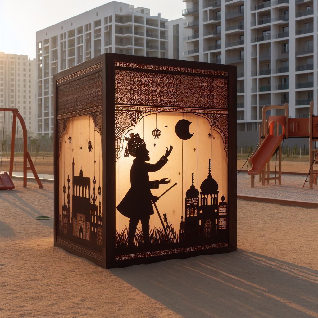 Eine hinterleuchtete Kastenlaterne mit der Silhouette einer Figur, die auf einem Spielplatz nach einer Mondsichel greift.