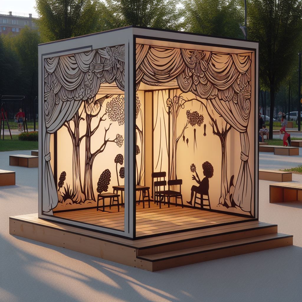 Märchenhafte Holzkonstruktion in einem Park mit gezeichneten Innenszenen von Bäumen, Vorhängen und einer Person.