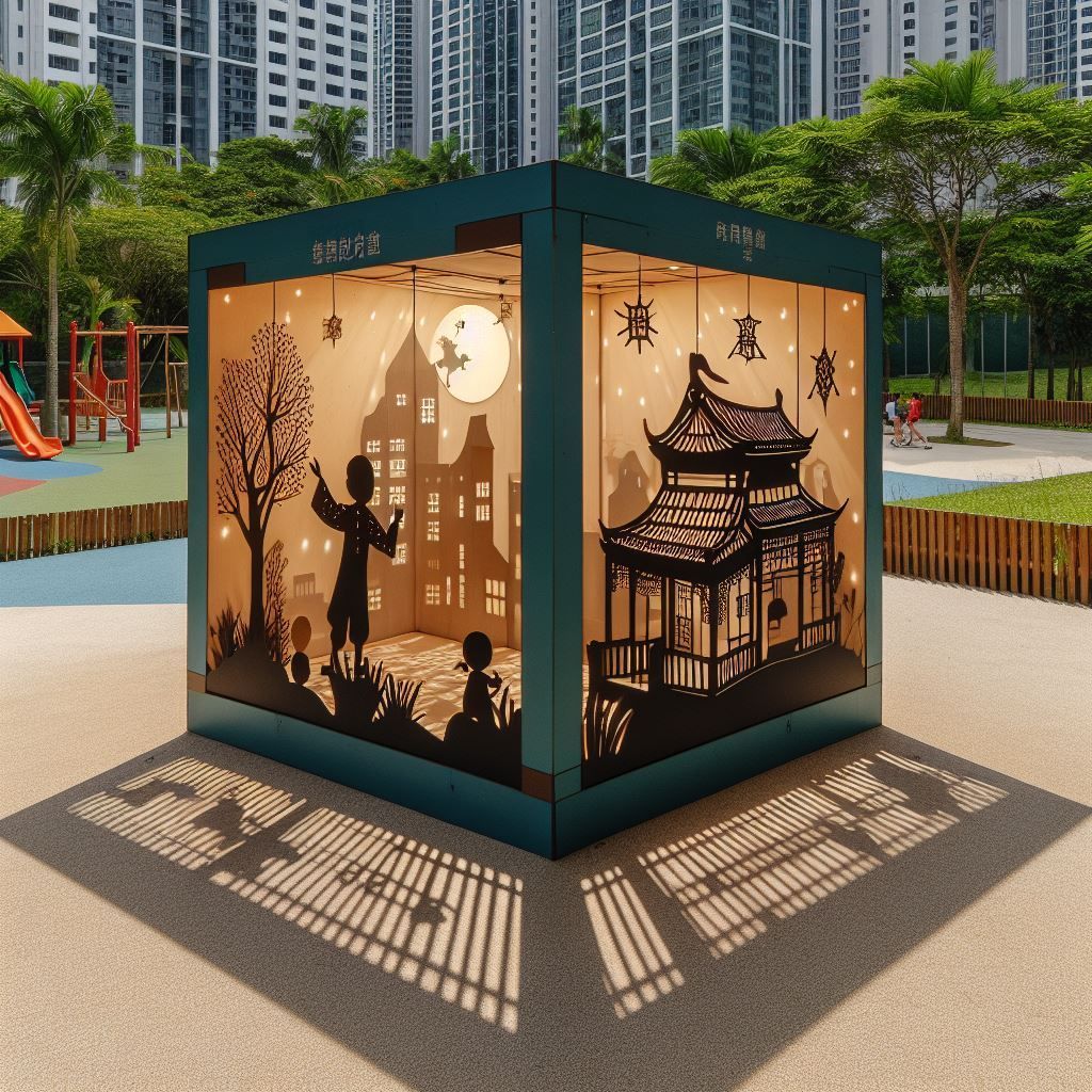 Eine türkisfarbene, beleuchtete Box mit ausgeschnittenen Szenen in einem Park; Silhouetten von Gebäuden, Figuren und einer Pagode.