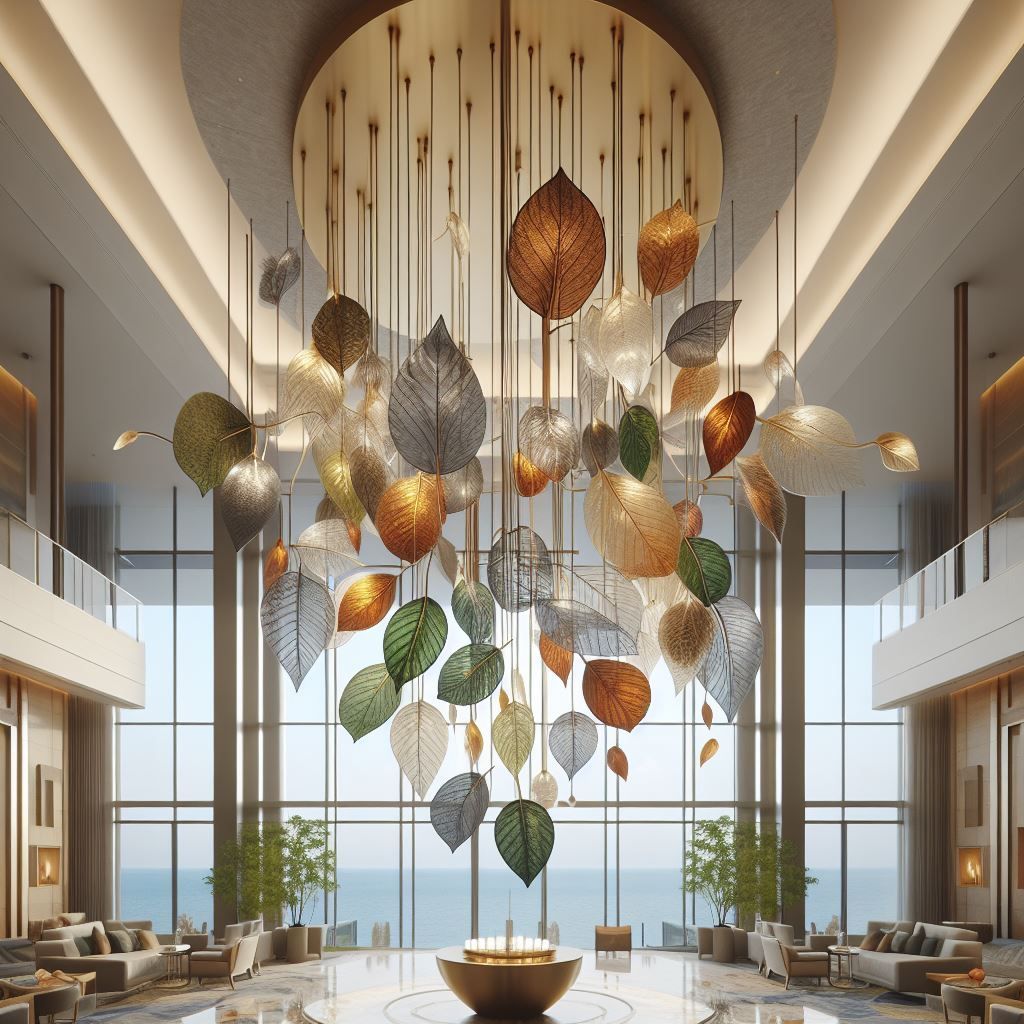 Elegante Lobby mit blattförmigem Kronleuchter, Meerblick und Sitzbereichen.